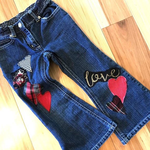 Upcycled Patchwork Jeans, Child's Size 5: Handmade Heart Patches Front and Back - Picture 8 of 16